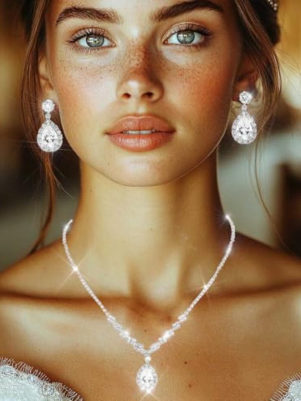 Silver Bridal Necklace Ears Set Crystal Wedding Jewelry Set‎ Rhione